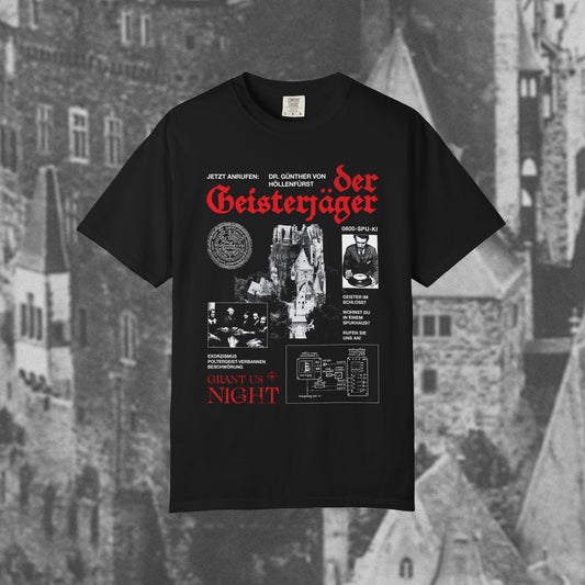 Grant Us Night Geisterjager black t-shirt with castle imagery and old photography and graphic design and German text on a blurred castle background
