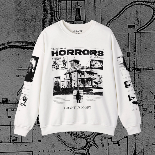 Grant Us Night Horror House white sweatshirt with black graphic design text and a haunted house with ghosts and footprints and cursed objects and illustrations on a textured background