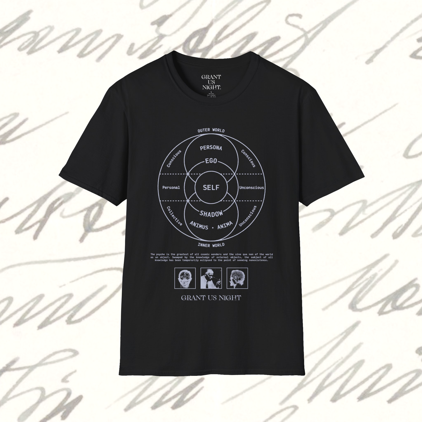 Grant Us Night Jungian Psyche black shirt with gray text and graphic design of figures and diagrams and chart and brain on a white background