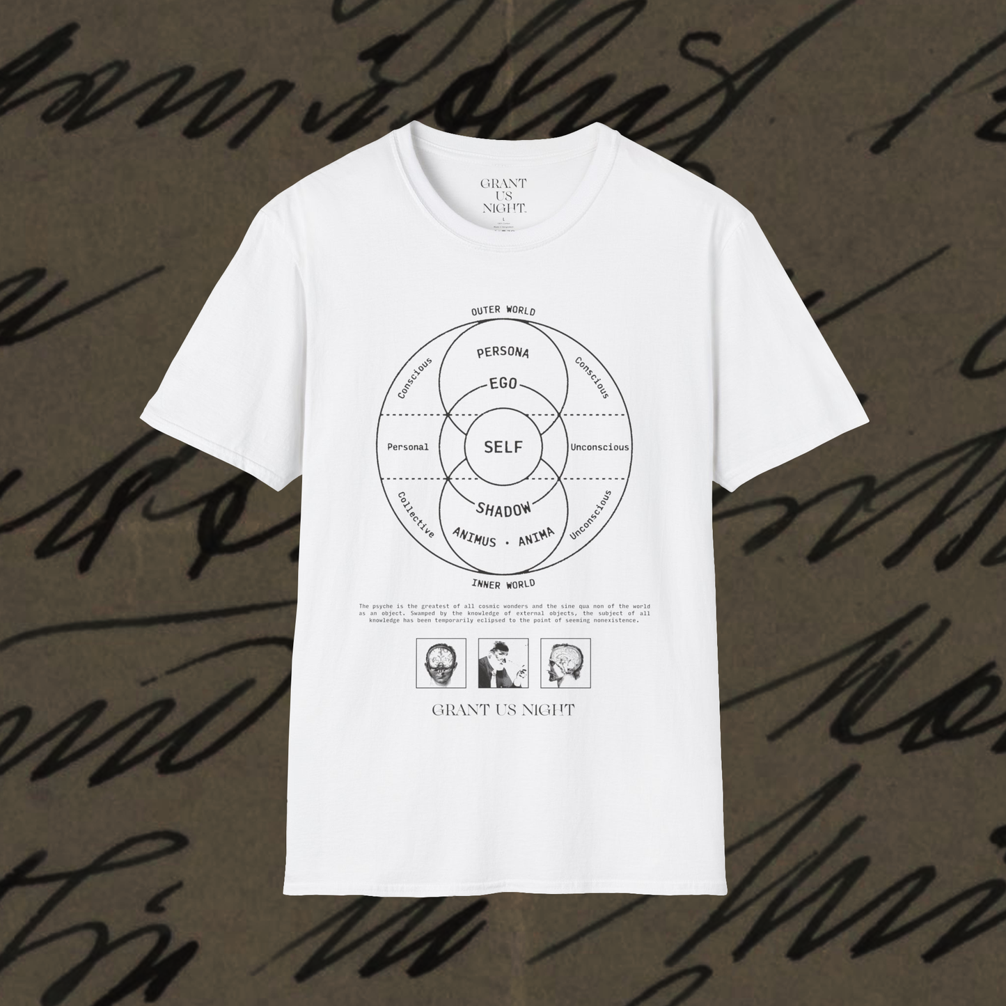 Grant Us Night Jungian Psyche white shirt with black text and graphic design of figures and diagrams and chart and brain on a white background