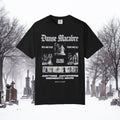 Grant Us Night black t-shirt with light gray graphic design of skeletons dancing with people and text that says "Danse Macabre, rich and poor, young and old, the great equalizer, anytime, anywhere, memento mori" on a foggy cemetery background