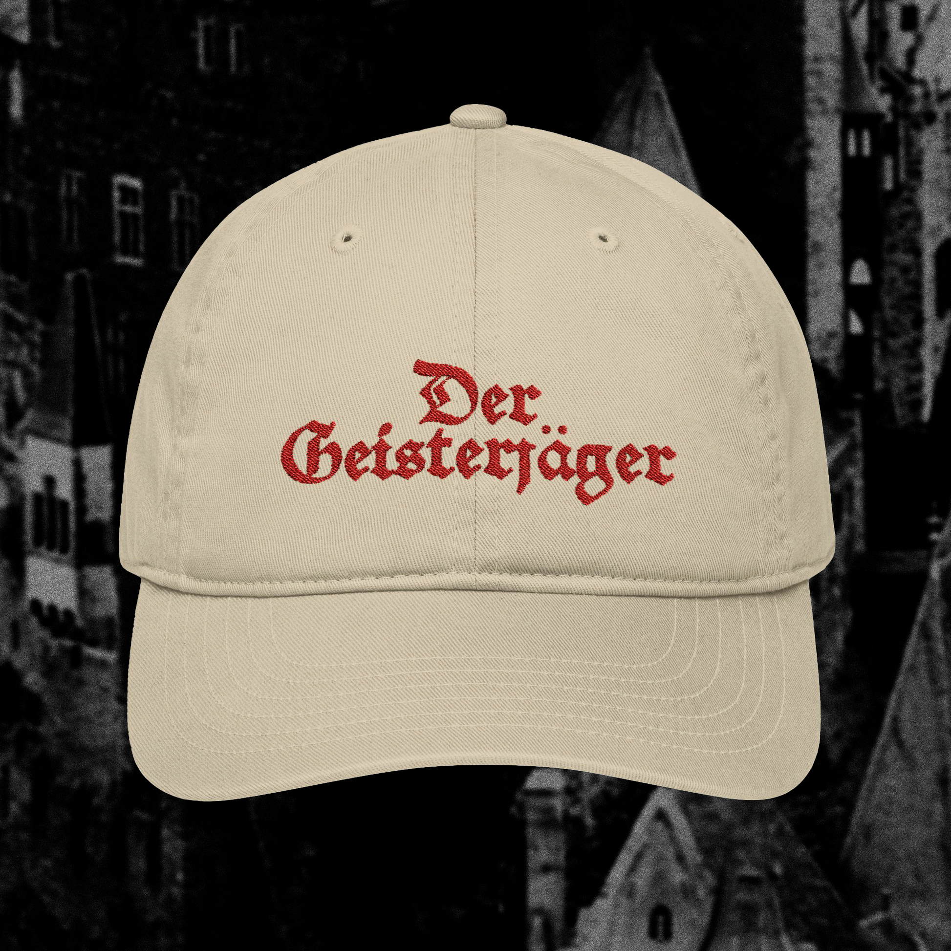 Grant Us Night Geisterjager beige baseball cap with 'Der Geisterjager' red text embroidered against a black and white castle background