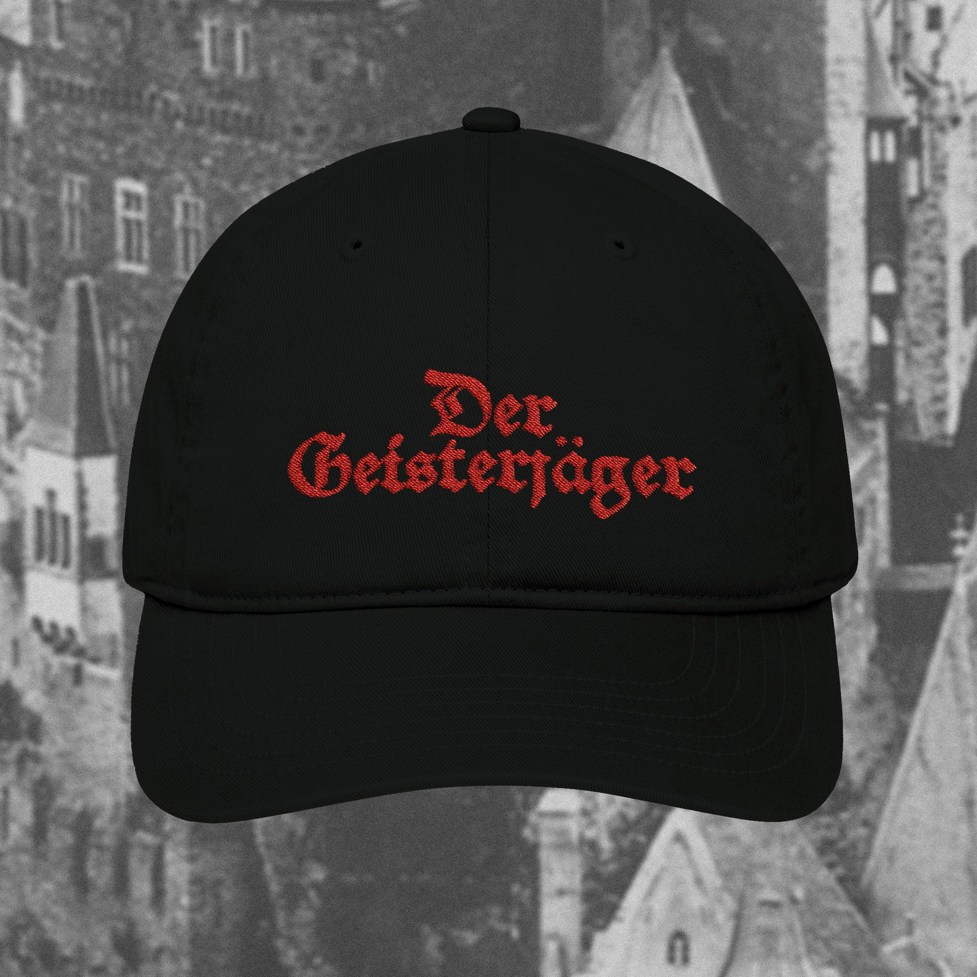 Grant Us Night Geisterjager black baseball cap with 'Der Geisterjager' red text embroidered against a  black and white castle background