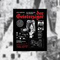Grant Us Night Geisterjager black poster print with castle imagery and old photography and graphic design and German text on a blurred castle background