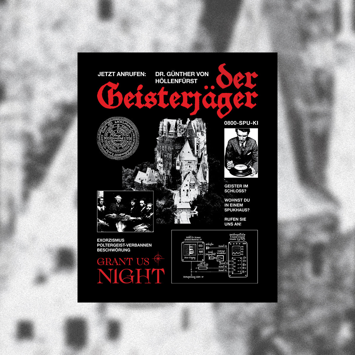 Grant Us Night Geisterjager black poster print with castle imagery and old photography and graphic design and German text on a blurred castle background