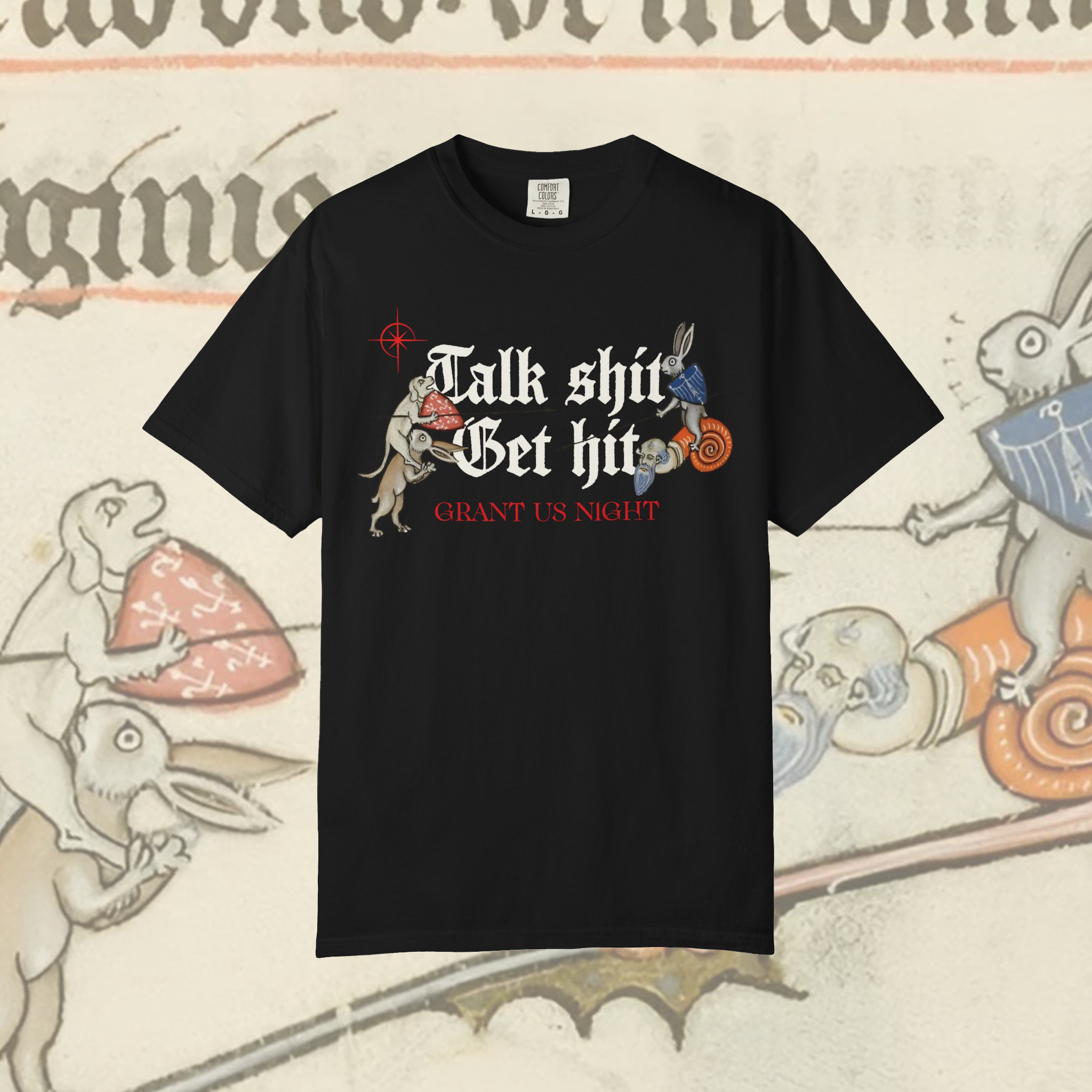 Grant Us Night Get Hit black t-shirt with medieval marginalia and graphic design and blackletter gothic text on a decorative background