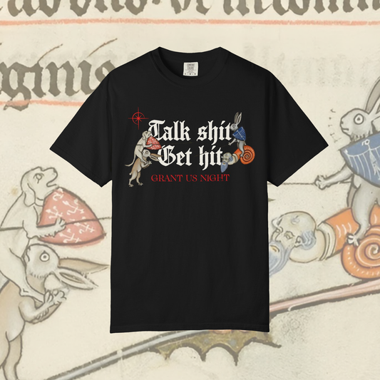 Grant Us Night Get Hit black t-shirt with medieval marginalia and graphic design and blackletter gothic text on a decorative background