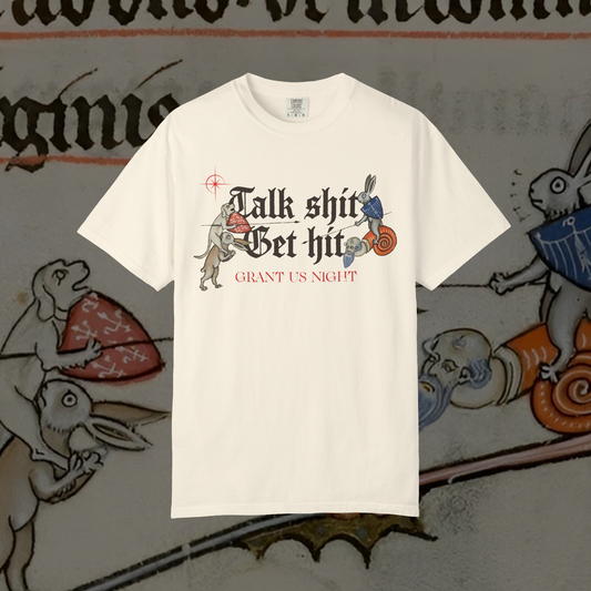 Grant Us Night Get Hit off white t-shirt with medieval marginalia and graphic design and blackletter gothic text on a decorative background