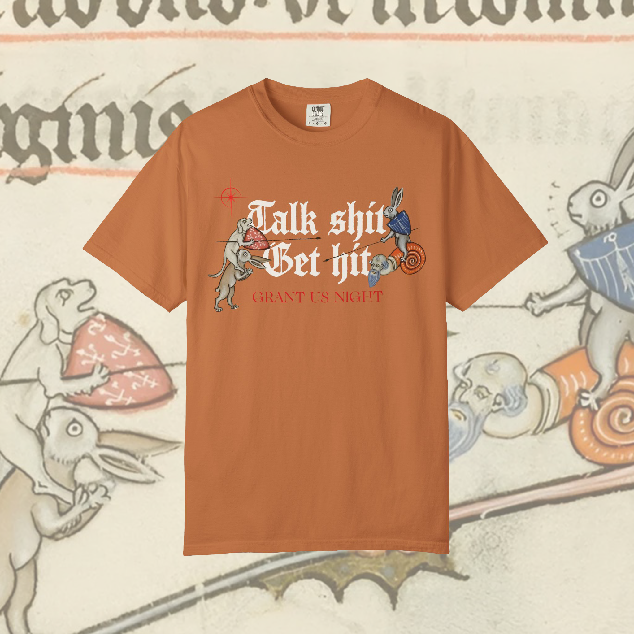 Grant Us Night Get Hit orange brown t-shirt with medieval marginalia and graphic design and blackletter gothic text on a decorative background