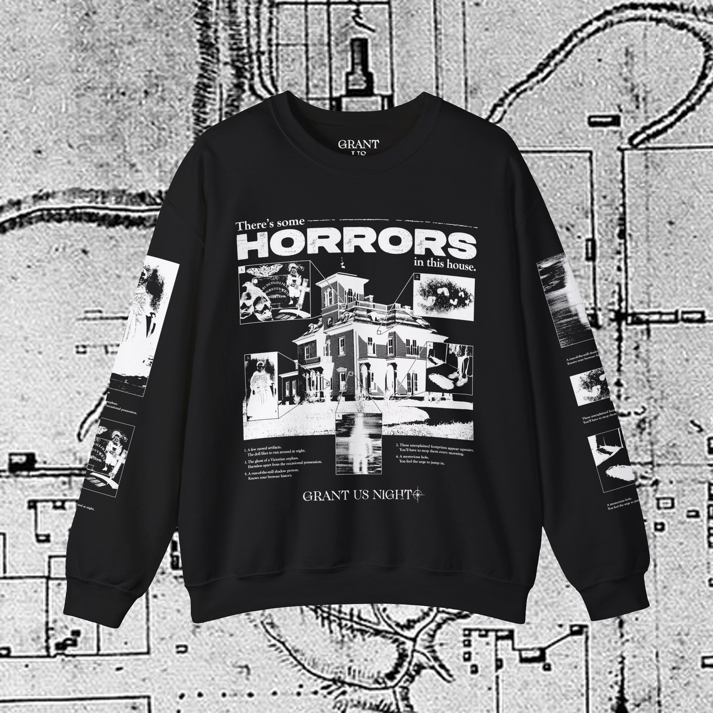 Grant Us Night Horror House black sweatshirt with white graphic design text and a haunted house with ghosts and footprints and cursed objects and illustrations on a textured background