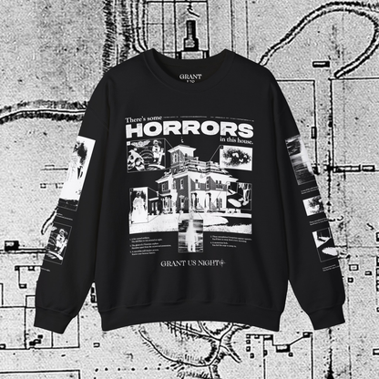 Grant Us Night Horror House black sweatshirt with white graphic design text and a haunted house with ghosts and footprints and cursed objects and illustrations on a textured background