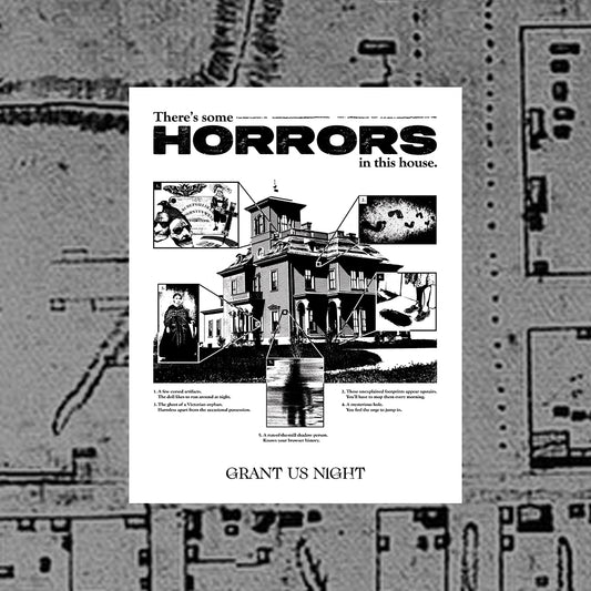 Grant Us Night Horror House white poster print with black graphic design text and a haunted house with ghosts and footprints and cursed objects and illustrations on a textured background