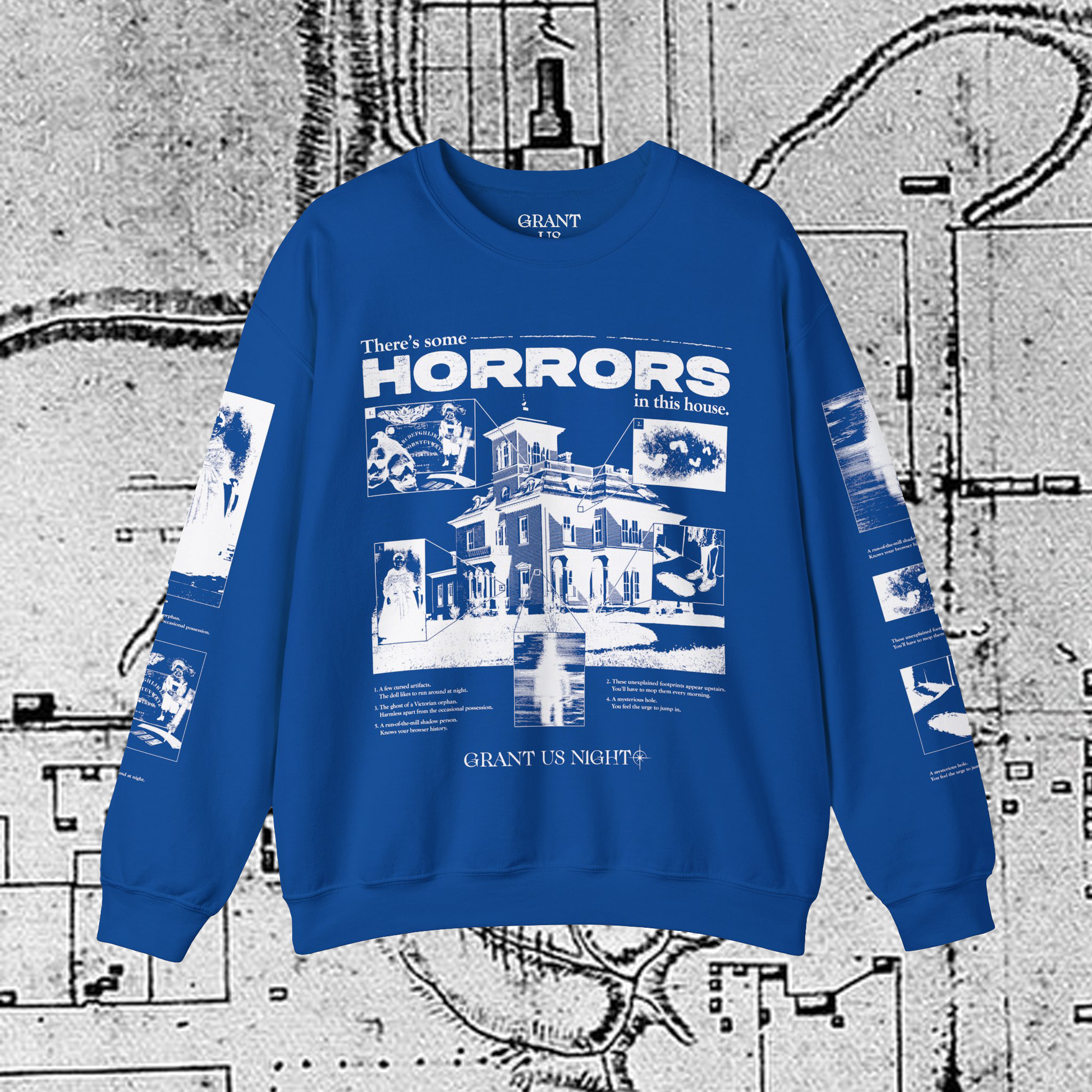 Grant Us Night Horror House blue sweatshirt with white graphic design text and a haunted house with ghosts and footprints and cursed objects and illustrations on a textured background