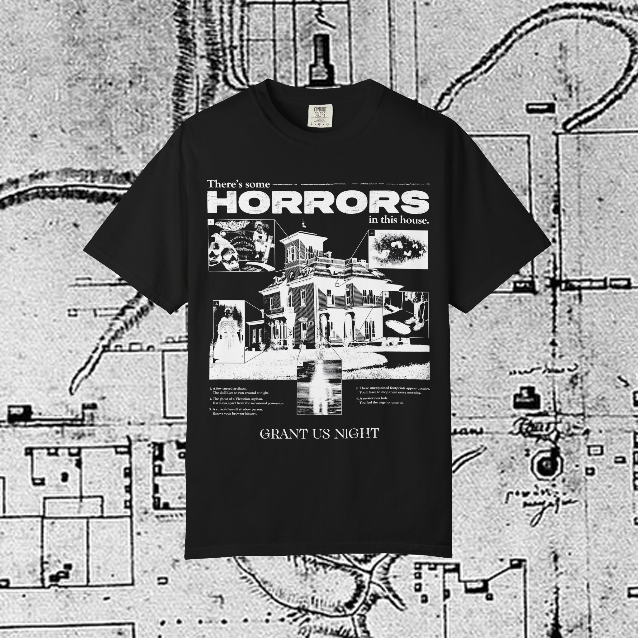 Grant Us Night Horror House black T-shirt with white graphic design text and a haunted house with ghosts and footprints and cursed objects and illustrations on a textured background
