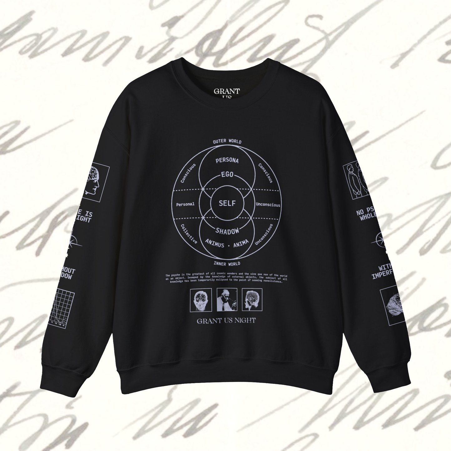 Grant Us Night Jungian Psyche black sweatshirt with gray text and graphic design of figures and diagrams and chart and brain on a white background