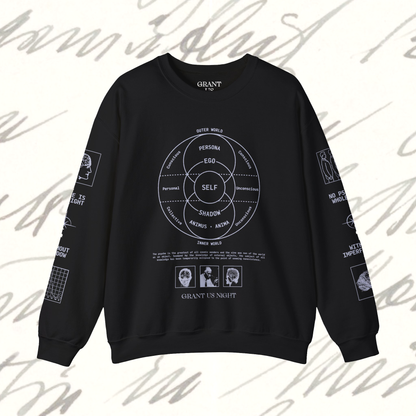 Grant Us Night Jungian Psyche black sweatshirt with gray text and graphic design of figures and diagrams and chart and brain on a white background