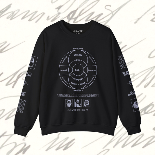 Grant Us Night Jungian Psyche black sweatshirt with gray text and graphic design of figures and diagrams and chart and brain on a white background