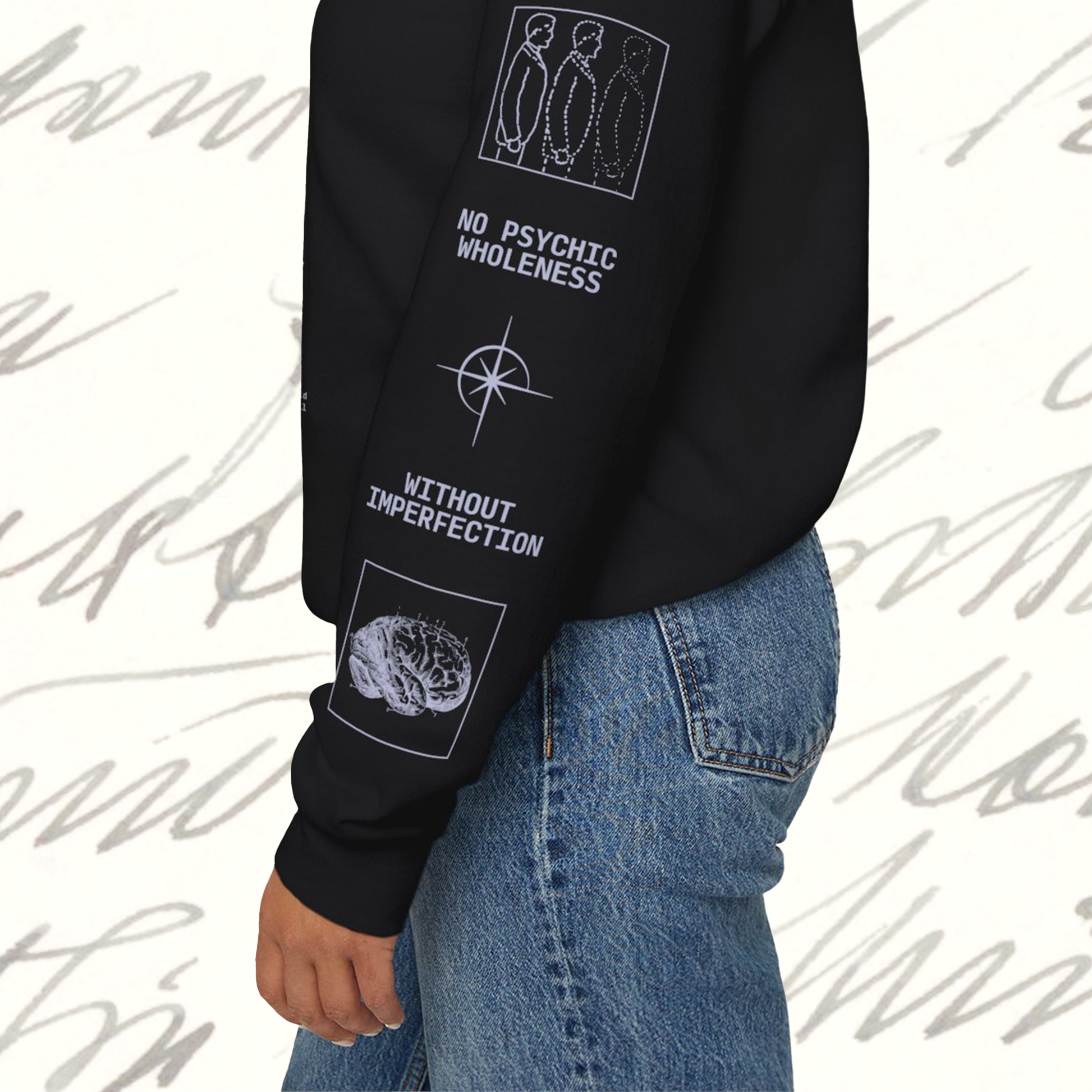 Grant Us Night Jungian Psyche black sweatshirt sleeve with gray text and graphic design of figures and diagrams and brain and star on a white background