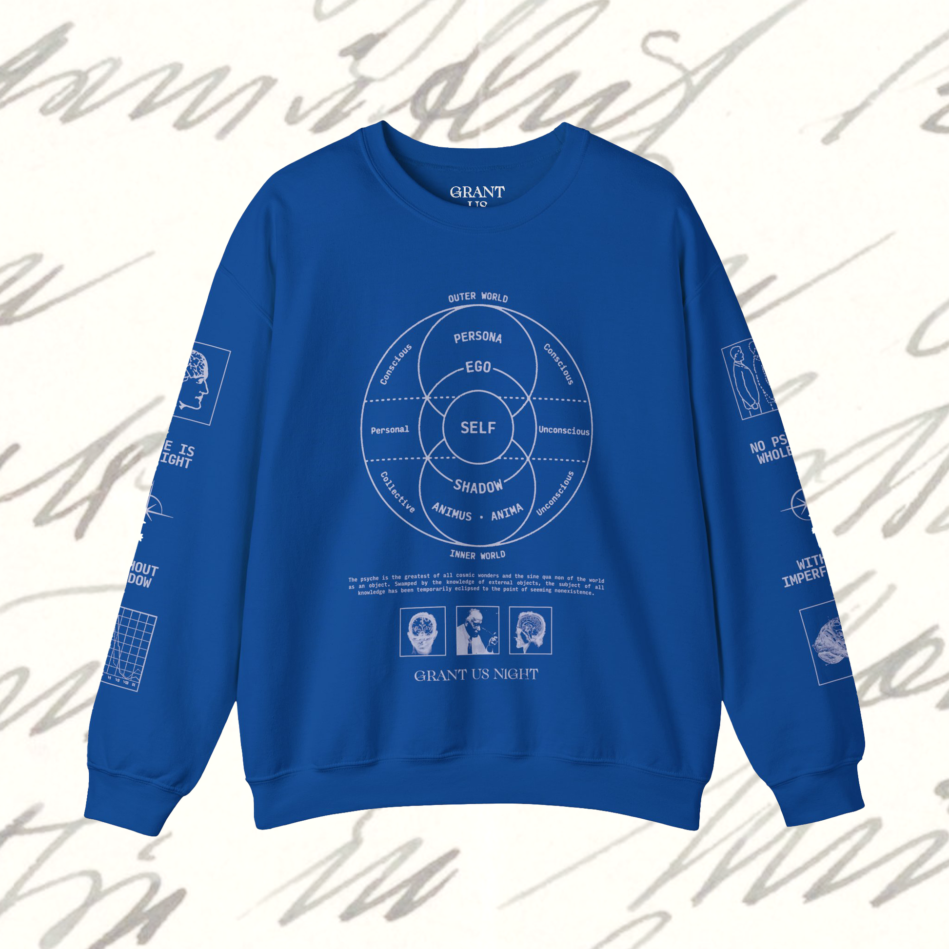 Grant Us Night Jungian Psyche blue sweatshirt with gray text and graphic design of figures and diagrams and chart and brain on a white background