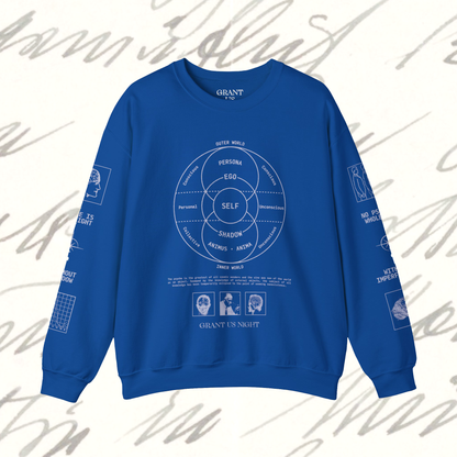 Grant Us Night Jungian Psyche blue sweatshirt with gray text and graphic design of figures and diagrams and chart and brain on a white background