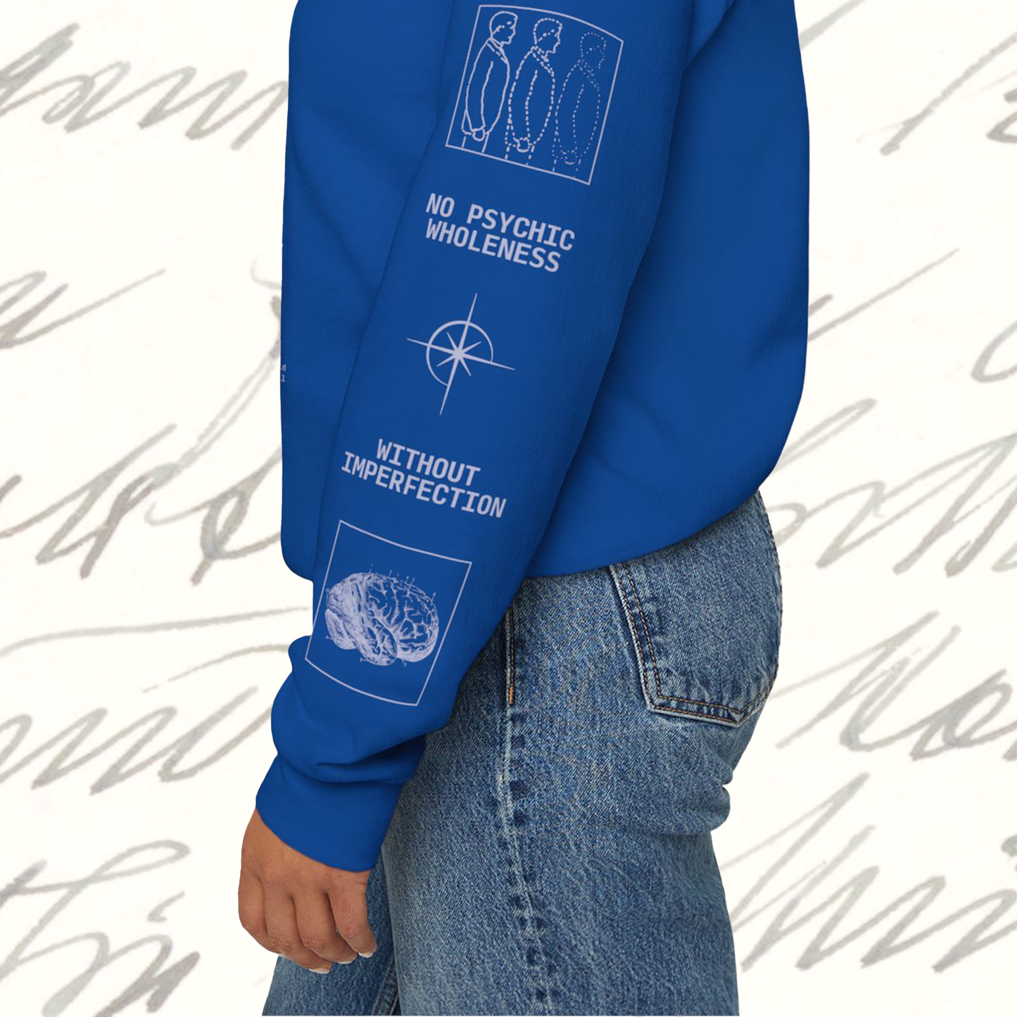 Grant Us Night Jungian Psyche blue sweatshirt sleeve with gray text and graphic design of figures and diagrams and brain and star on a white background
