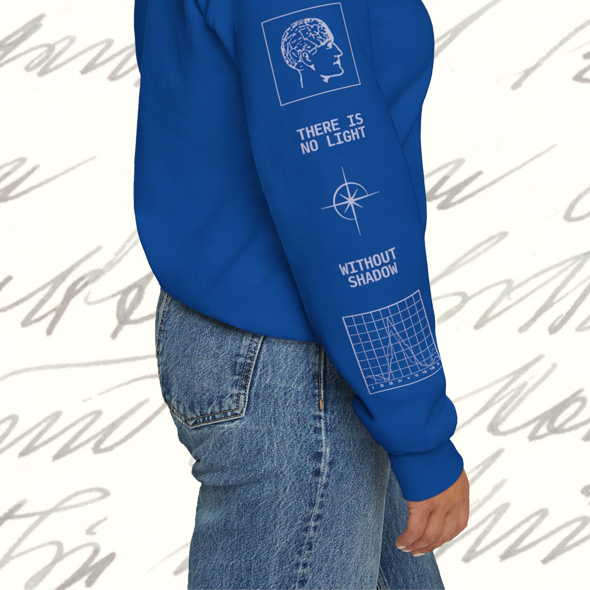 Grant Us Night Jungian Psyche blue sweatshirt sleeve with gray text and graphic design of figures and diagrams and chart and star on a white background