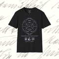 Grant Us Night Jungian Psyche black shirt with gray text and graphic design of figures and diagrams and chart and brain on a white background