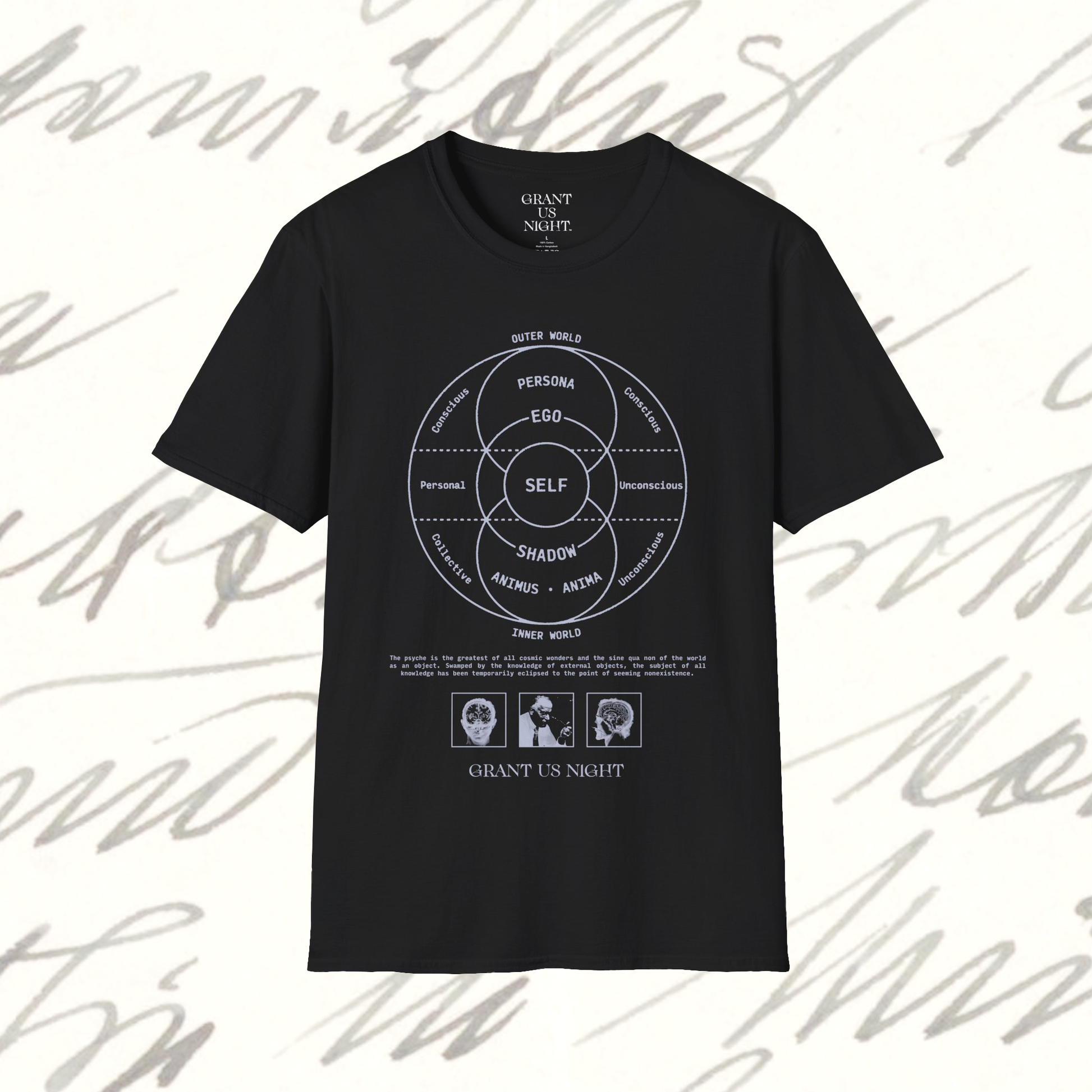 Grant Us Night Jungian Psyche black shirt with gray text and graphic design of figures and diagrams and chart and brain on a white background