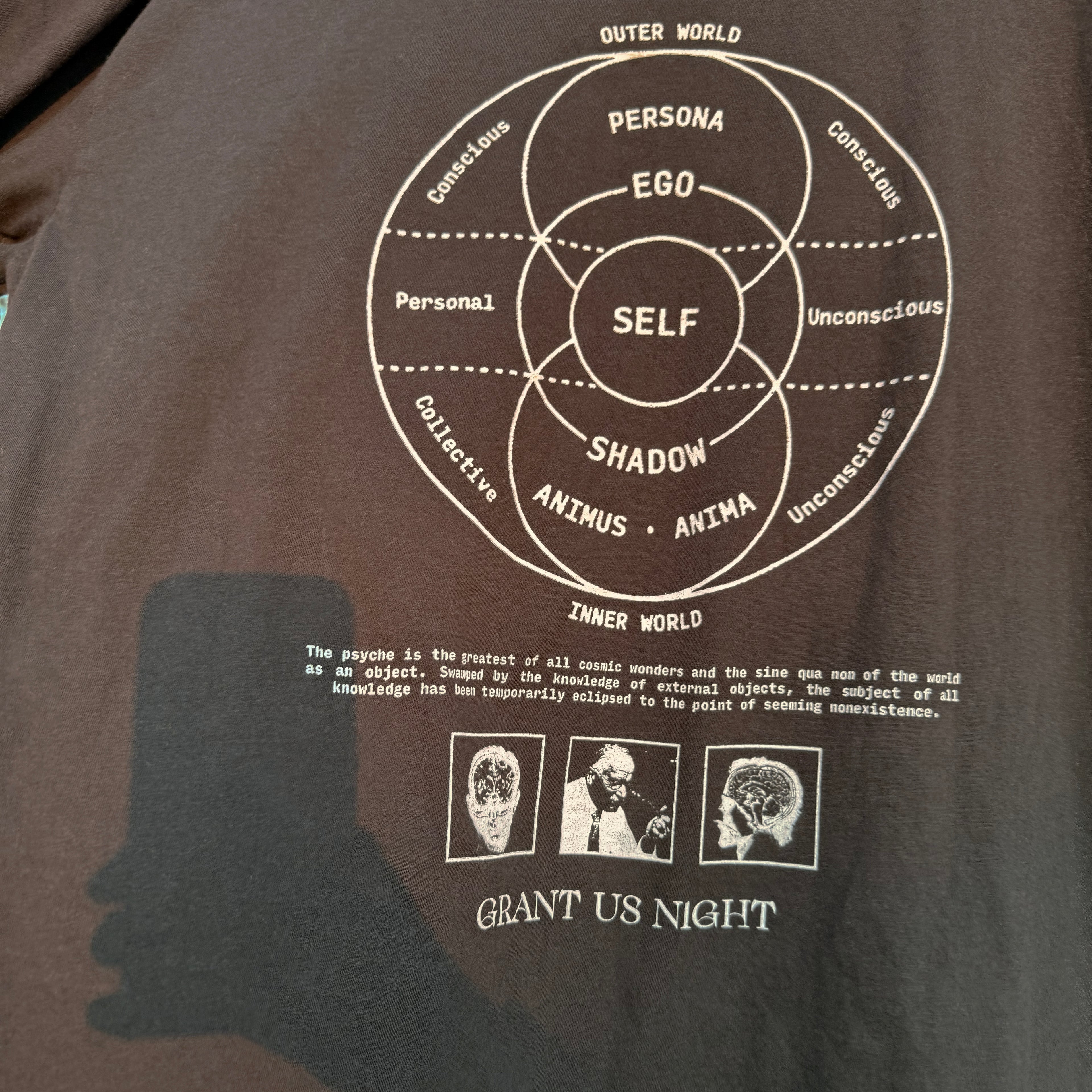 Grant Us Night Jungian Psyche black shirt with gray text and graphic design of figures and diagrams and chart and brain