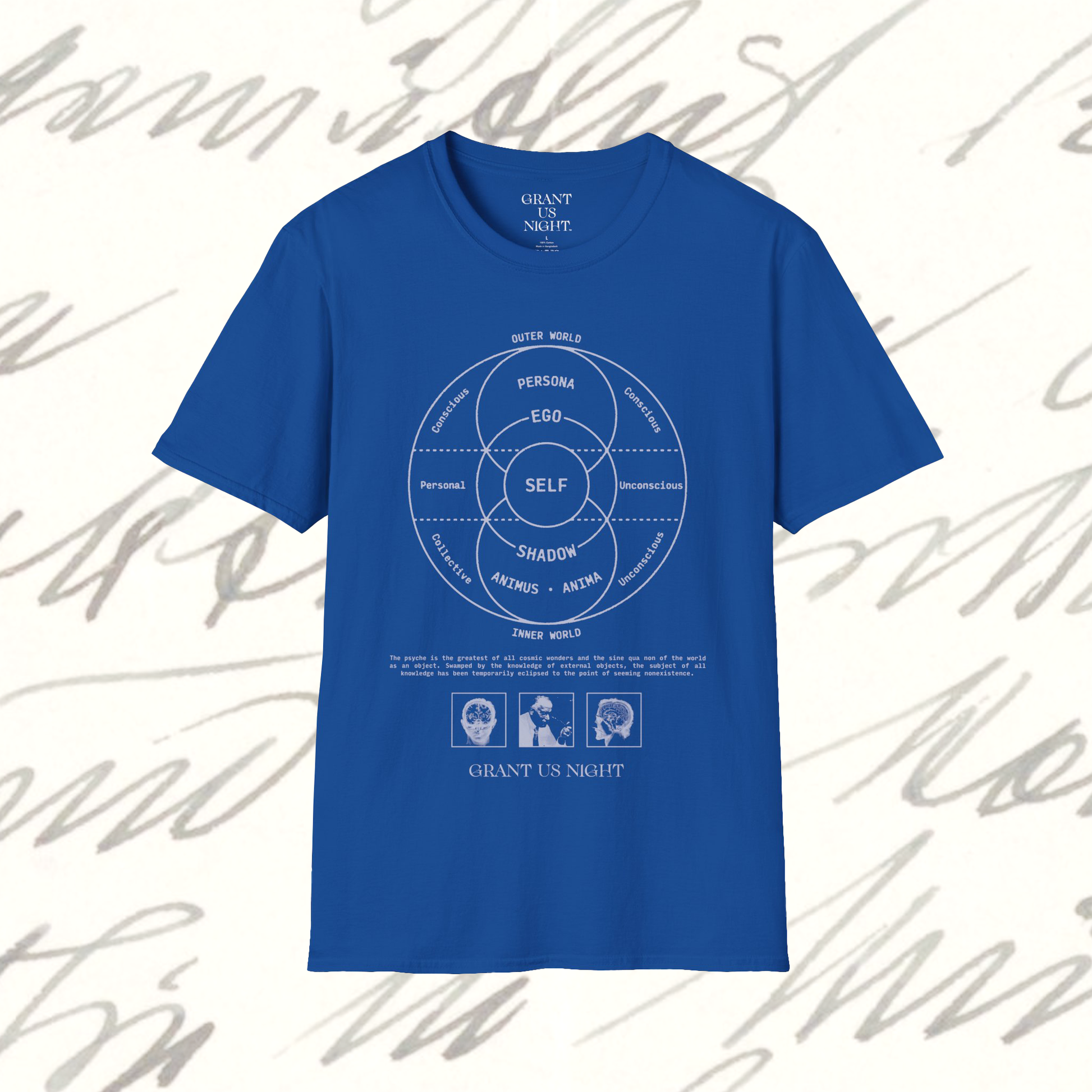 Grant Us Night Jungian Psyche royal blue shirt with gray text and graphic design of figures and diagrams and chart and brain on a white background
