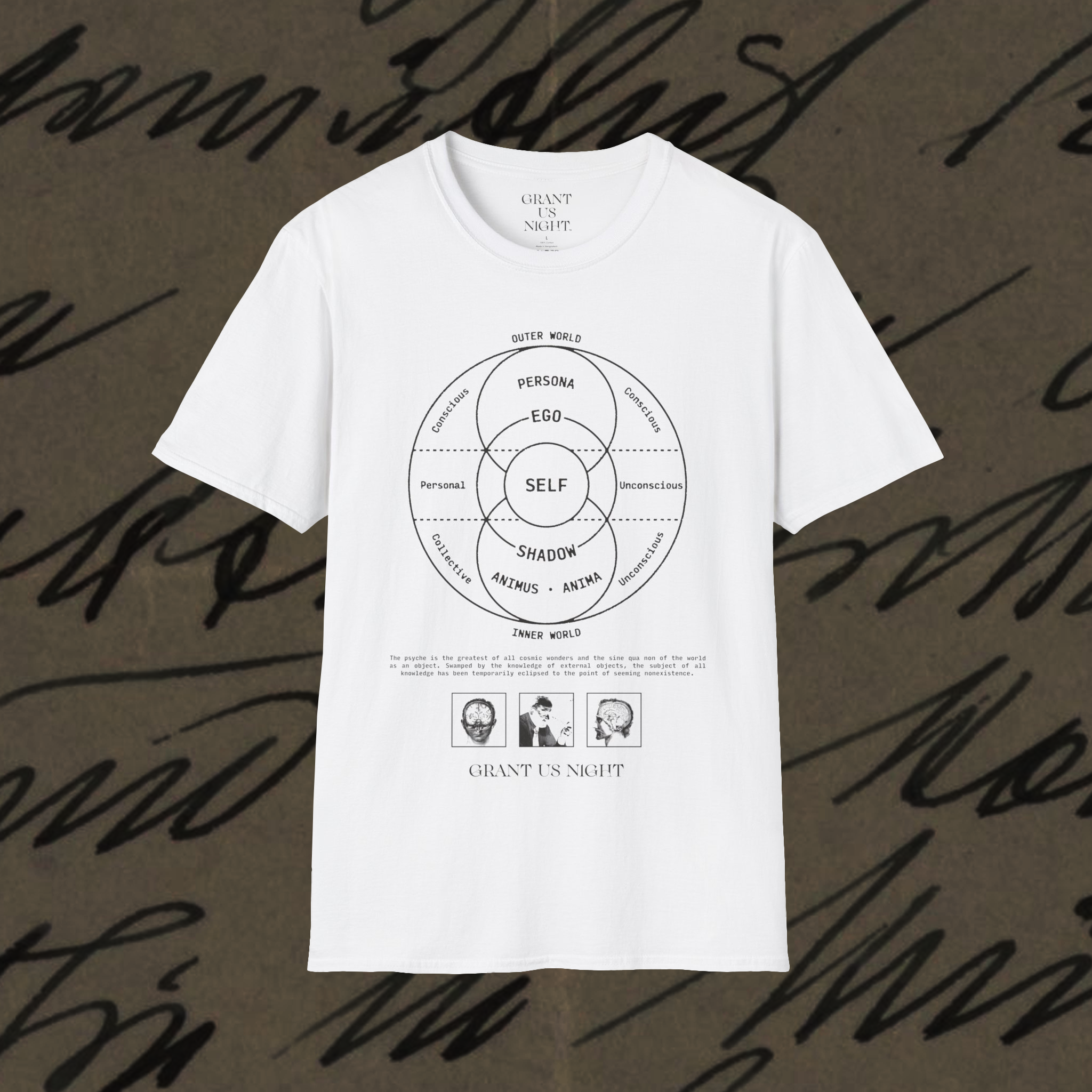 Grant Us Night Jungian Psyche white shirt with black text and graphic design of figures and diagrams and chart and brain on a white background