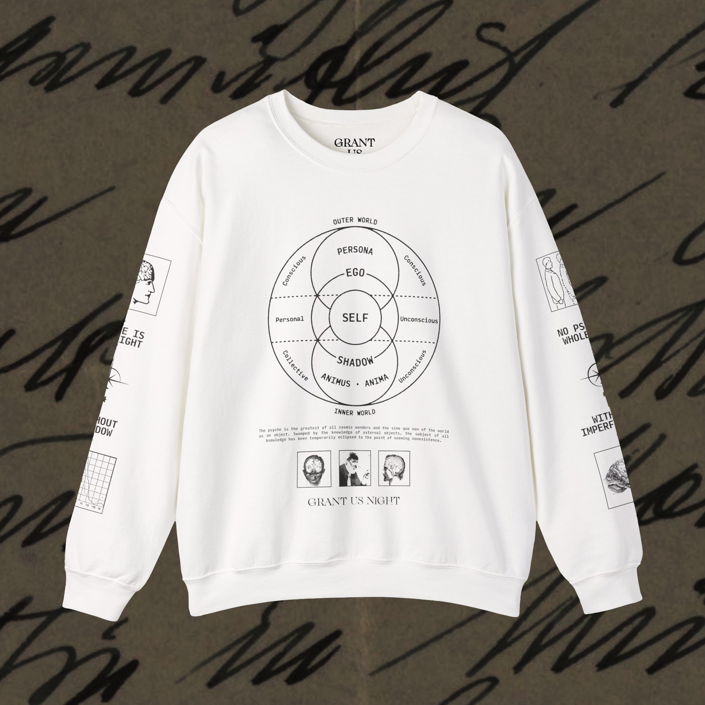 Grant Us Night Jungian Psyche white sweatshirt with black text and graphic design of figures and diagrams and chart and brain on a white background