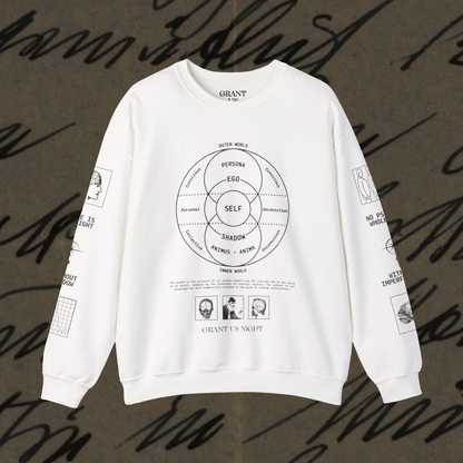 Grant Us Night Jungian Psyche white sweatshirt with black text and graphic design of figures and diagrams and chart and brain on a white background
