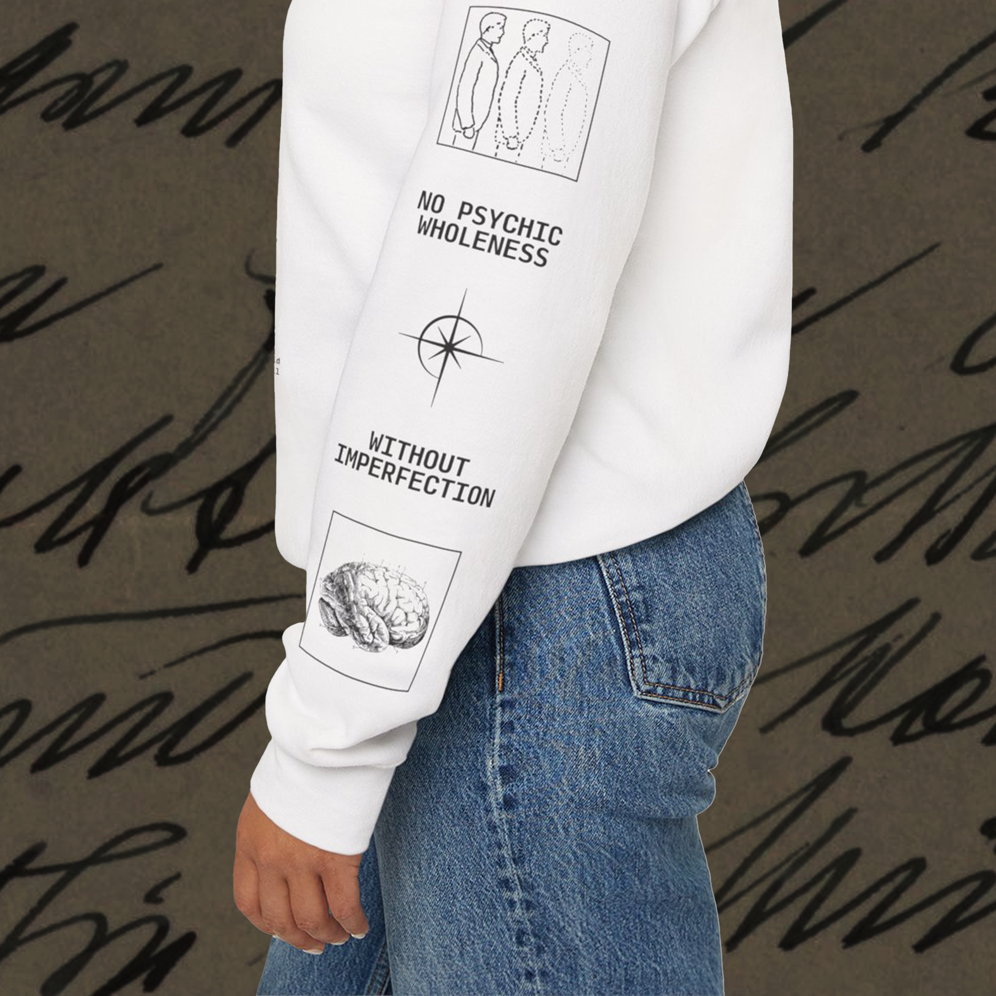 Grant Us Night Jungian Psyche white sweatshirt sleeve with black text and graphic design of figures and diagrams and brain and star on a white background
