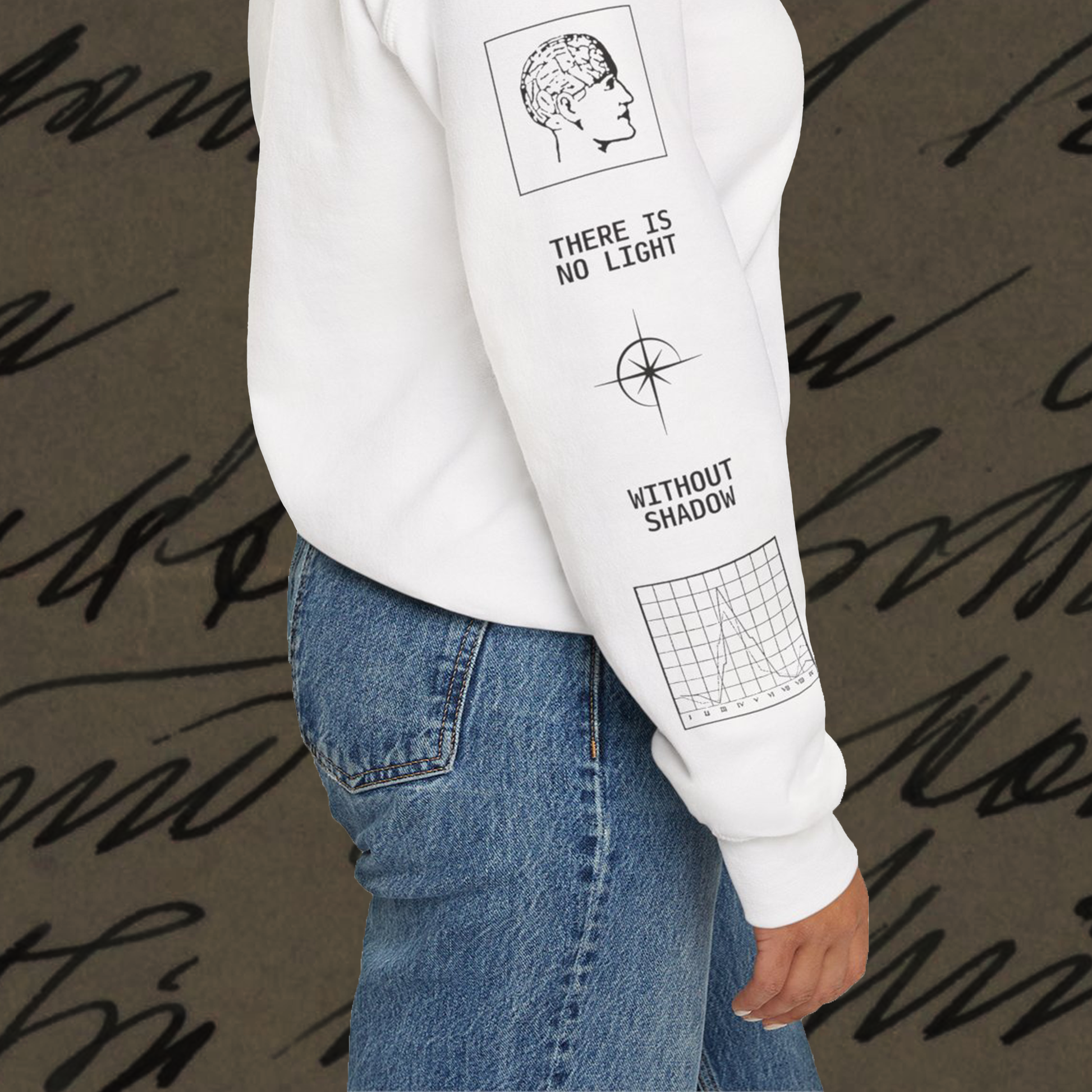 Grant Us Night Jungian Psyche white sweatshirt sleeve with black text and graphic design of figures and diagrams and chart and star on a white background