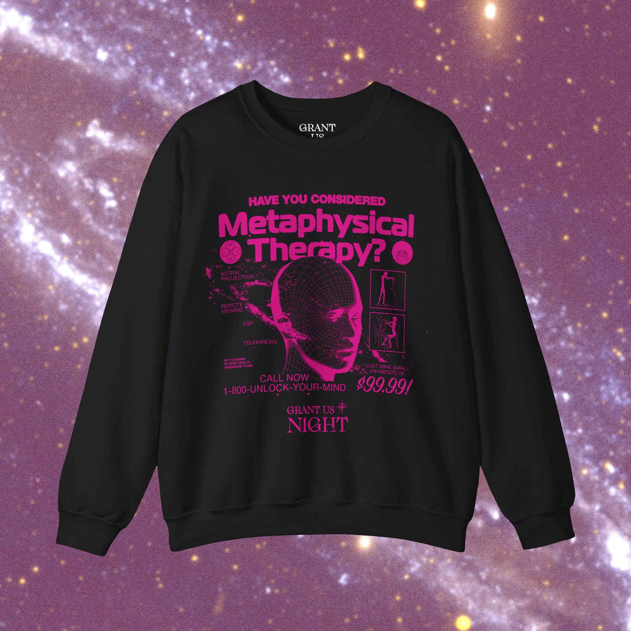 Grant Us Night Metaphysical Therapy black shirt with pink purple fuschia text graphic design of a 3D mesh human head and a galaxy and alien diagrams on a starry night background