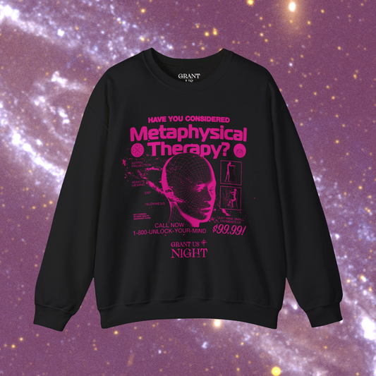 Grant Us Night Metaphysical Therapy black shirt with pink purple fuschia text graphic design of a 3D mesh human head and a galaxy and alien diagrams on a starry night background