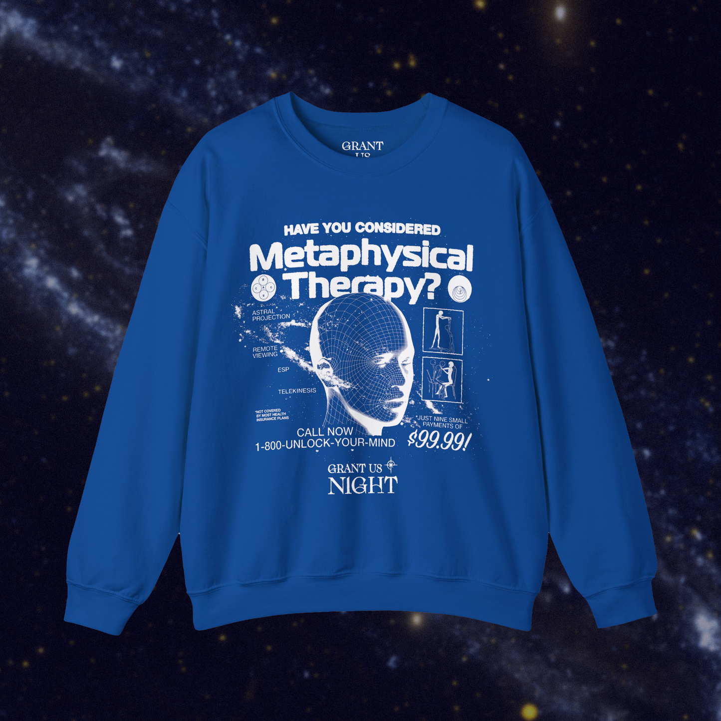 Grant Us Night Metaphysical Therapy blue shirt with white text graphic design of a 3D mesh human head and a galaxy and alien diagrams on a starry night background