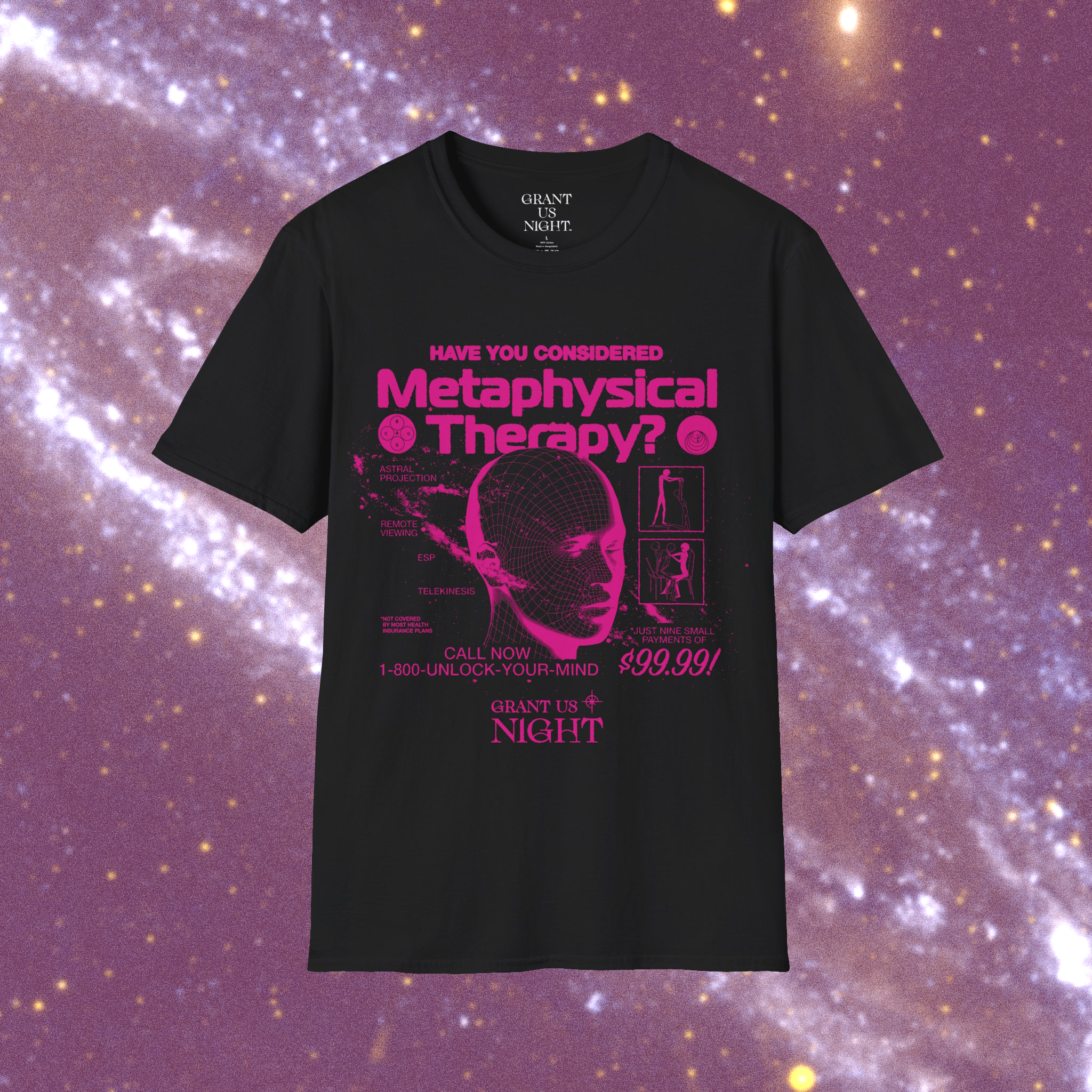 Grant Us Night Metaphysical Therapy black shirt with pink purple fuschia text graphic design of a 3D mesh human head and a galaxy and alien diagrams on a starry night background