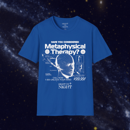 Grant Us Night Metaphysical Therapy royal blue shirt with white text graphic design of a 3D mesh human head and a galaxy and alien diagrams on a starry night background