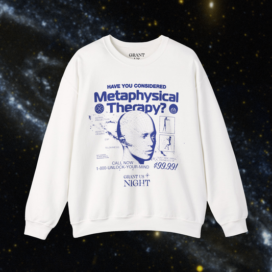 Grant Us Night Metaphysical Therapy white sweatshirt with blue text graphic design of a 3D mesh human head and a galaxy and alien diagrams on a starry night background