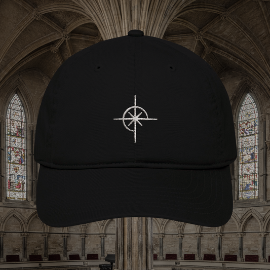 Grant Us Night Sigil black baseball cap with white star symbol embroidered against a cathedral background