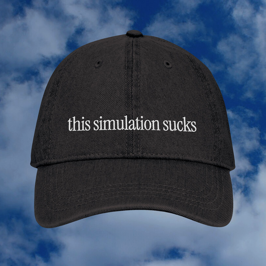 Grant Us Night Simulation black denim cap with 'this simulation sucks' white text embroidered against a blue sky background