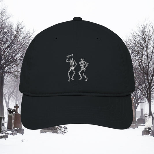Grant Us Night black cap with white embroidered design of skeletons in a snowy cemetery