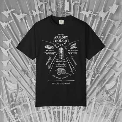 Grant Us Night The Armory black t-shirt with white graphic design with weapon illustrations etchings and an inspirational philosophical quote.