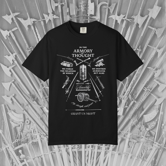 Grant Us Night The Armory black t-shirt with white graphic design with weapon illustrations etchings and an inspirational philosophical quote.