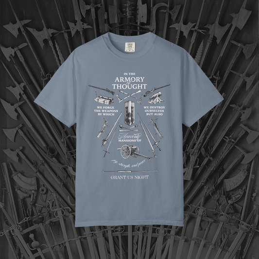 Grant Us Night The Armory blue gray t-shirt with white graphic design with weapon illustrations etchings and an inspirational philosophical quote.