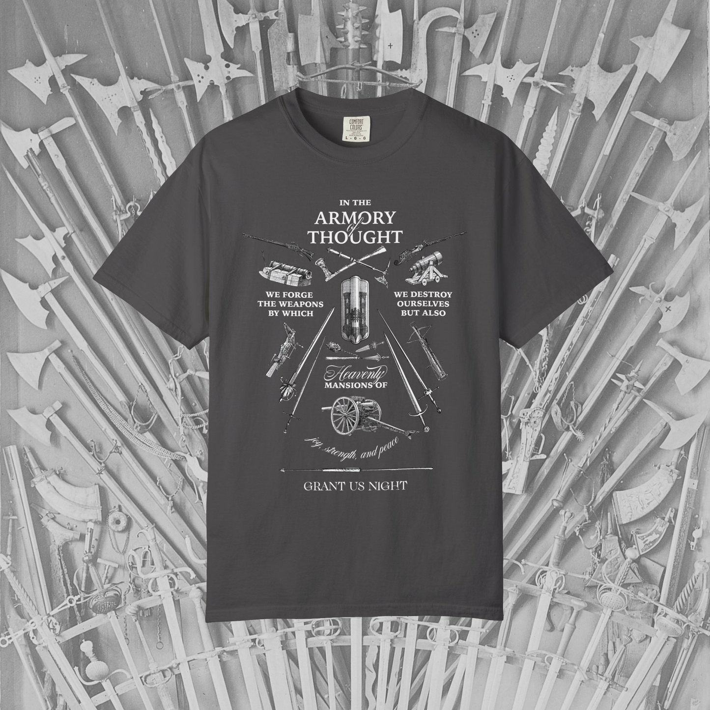 Grant Us Night The Armory gray t-shirt with white graphic design with weapon illustrations etchings and an inspirational philosophical quote.