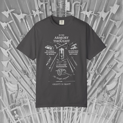 Grant Us Night The Armory gray t-shirt with white graphic design with weapon illustrations etchings and an inspirational philosophical quote.
