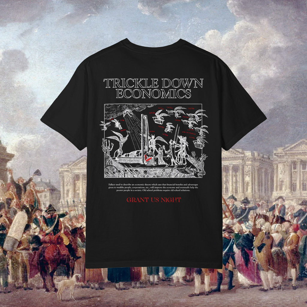 Black t-shirt with 'Trickle Down Economics' graphic design on a historical painting background